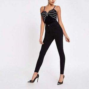 NWT River Island Velvet Bow Bodysuit with Rhinestones